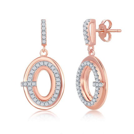 Sterling Silver Rose Gold Plated Designed CZ Oval Earrings ,