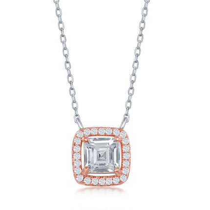 Sterling Silver Rose Gold Plated Double Square CZ Necklace ,