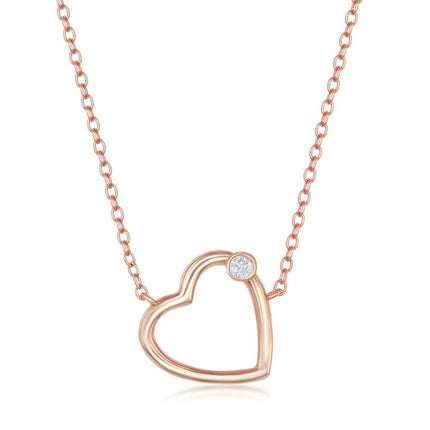 Sterling Silver Rose Gold Plated Heart with Single CZ Necklace ,