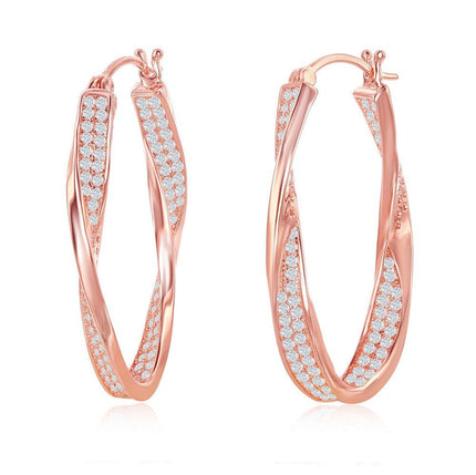 Sterling Silver Rose Gold Plated Micro Pave Twisted Oval Earrings ,
