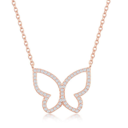 Sterling Silver Rose Gold Plated Open Butterfly CZ Necklace ,