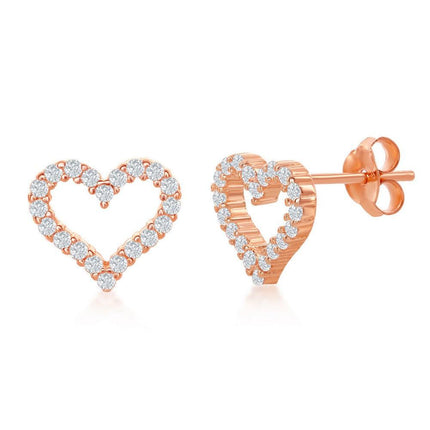 Sterling Silver Rose Gold Plated Open Heart CZ Stud Earrings ,