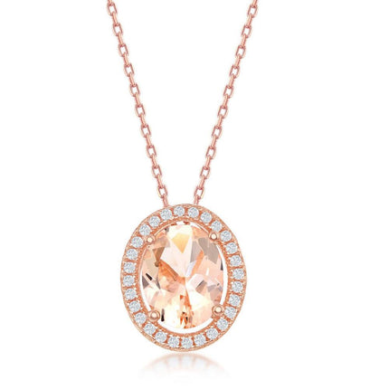Sterling Silver Rose Gold Plated Oval Morganite CZ Pendant ,