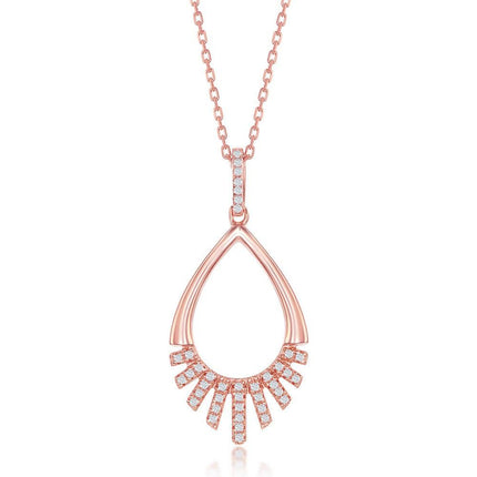 Sterling Silver Rose Gold Plated Pear-Shaped Half CZ Pendant ,