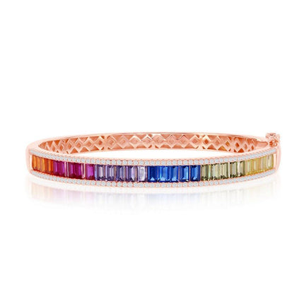Sterling Silver Rose Gold Plated Rainbow Baguette CZ Bangle ,