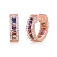 Sterling Silver Rose Gold Plated Rainbow Huggie Hoop CZ Earrings ,