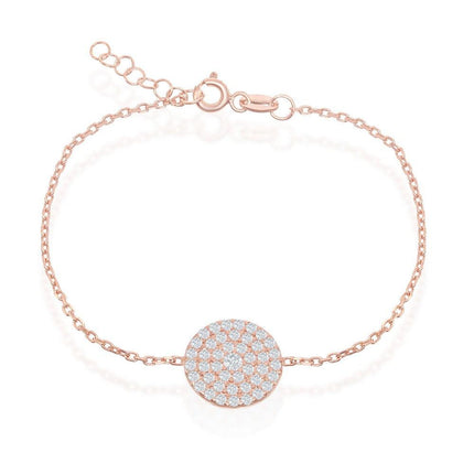 Sterling Silver Rose Gold Plated Round CZ Disc Bracelet, 6" ,