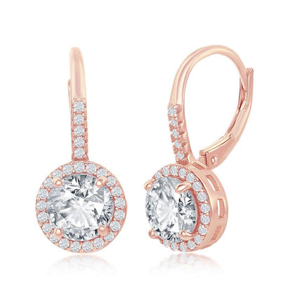 Sterling Silver Rose Gold Plated Round CZ Halo Earrings ,