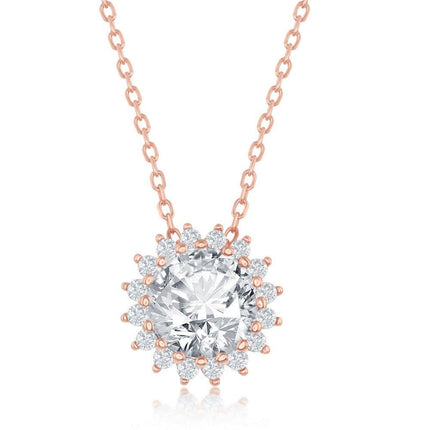 Sterling Silver Rose Gold Plated Round Halo Flower CZ Necklace ,