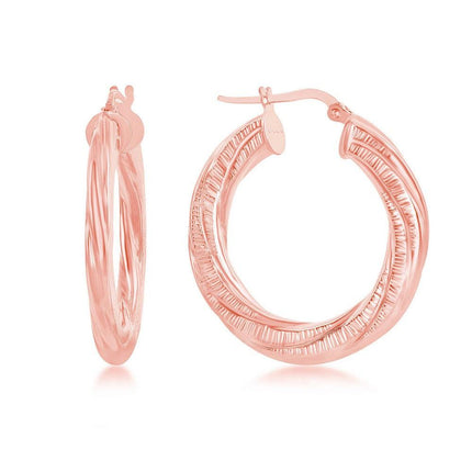 Sterling Silver Rose Gold Plated Twisted Designed Hoop Earrings ,