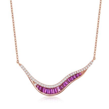 Sterling Silver Rose Gold Plated 'V' Baguette Ruby CZ Necklace ,