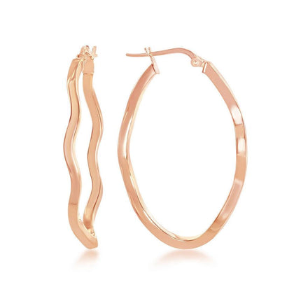 Sterling Silver Rose Gold Plated Wavy Designed Oval Hoop Earrings ,