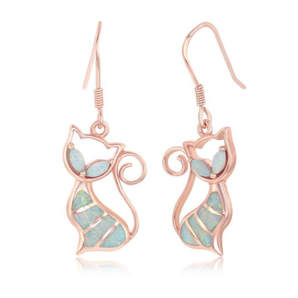 Sterling Silver Rose Gold Plated White Inlay Opal Cat Earrings ,