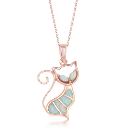 Sterling Silver Rose Gold Plated White Inlay Opal Cat Pendant ,