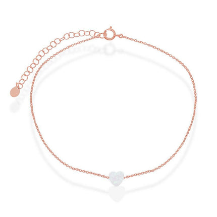 Sterling Silver Rose Gold Plated White Opal Heart Anklet ,