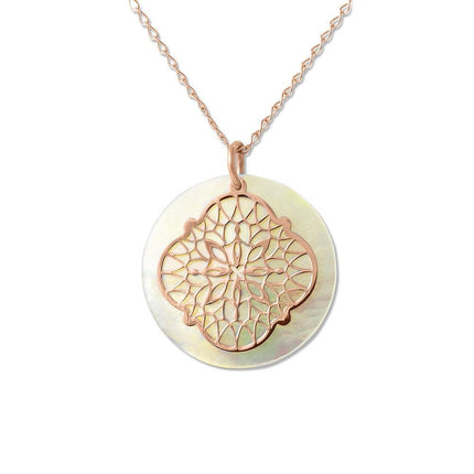 Sterling Silver Rose Gold Round MOP Disc Necklace ,