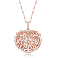 Sterling Silver Rose Gold White Baguette CZ Puffed Heart Necklace ,