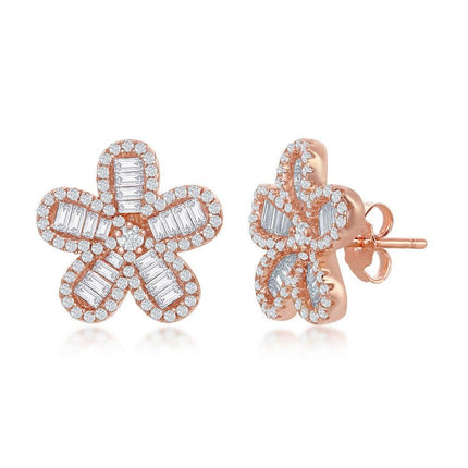 Sterling Silver Rose GP Baguette CZ Flower Stud Earrings ,