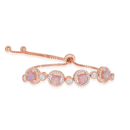 Sterling Silver Rose GP Bezel-Set CZ & Pink Opal Bracelet ,