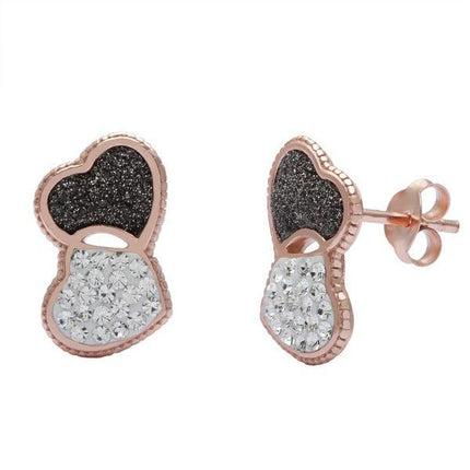 Sterling Silver Rose GP Black and White Double Heart Earrings ,