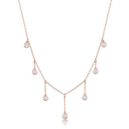 Sterling Silver Rose GP Dangling Bezel-Set CZ's Necklace ,