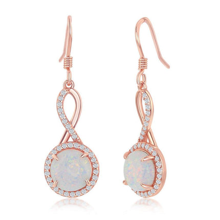 Sterling Silver Rose GP Design Round White Opal Halo CZ Earrings ,