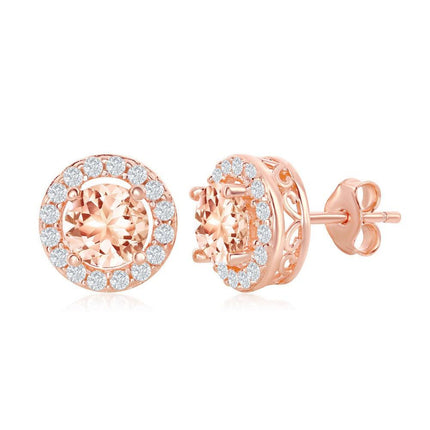 Sterling Silver Rose GP Four-Prong Round Morganite CZ Earrings ,