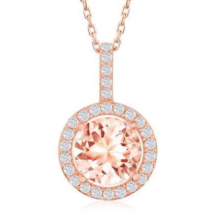 Sterling Silver Rose GP Four-Prong Round Morganite CZ Pendant ,