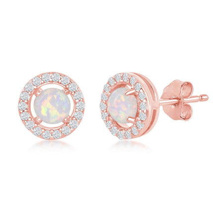 Sterling Silver Rose GP Four-Prong White Opal Halo Earrings ,