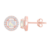 Sterling Silver Rose GP Four-Prong White Opal Halo Earrings ,