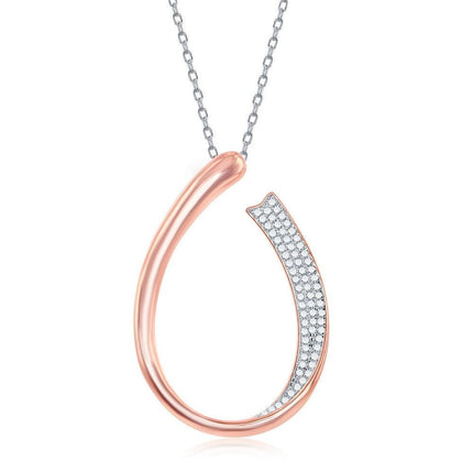 Sterling Silver Rose GP Half Micro Pave J-Design Necklace ,