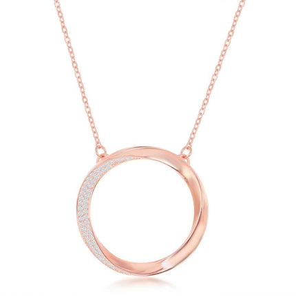 Sterling Silver Rose GP Half Twisted Open Circle Necklace ,