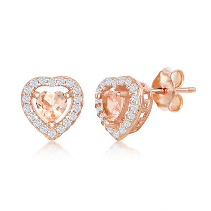 Sterling Silver Rose GP Heart Morganite CZ Stud Earrings ,