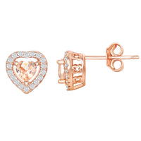Sterling Silver Rose GP Heart Morganite CZ Stud Earrings ,