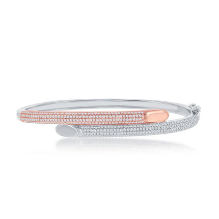 Sterling Silver Rose GP Micro Pave Bottom Flat Overlapping Bangle ,