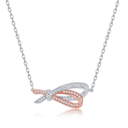 Sterling Silver Rose GP Micro Pave Double Ribbon Necklace ,