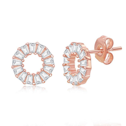 Sterling Silver Rose GP Open Circle Baguette CZ Stud Earrings ,