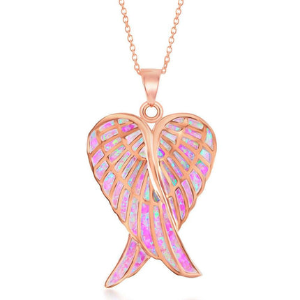 Sterling Silver Rose GP Pink Inlay Opal Angel Wings Pendant ,