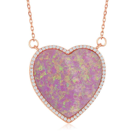 Sterling Silver Rose GP Pink Opal Heart with CZ Border Necklace ,