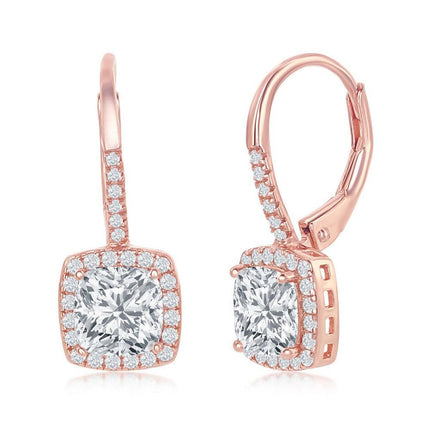 Sterling Silver Rose GP Princess Cut CZ Dangling Earrings ,