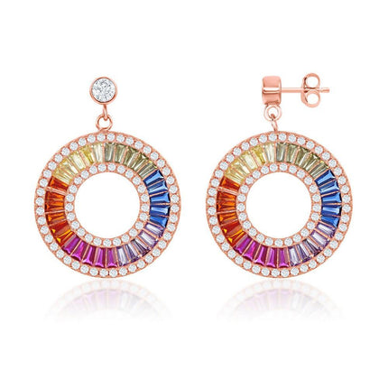 Sterling Silver Rose GP Rainbow Baguette CZ Open Circle Earrings ,