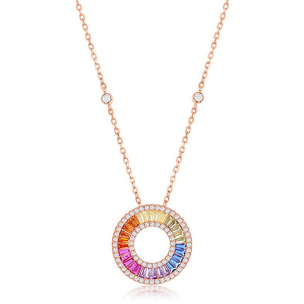 Sterling Silver Rose GP Rainbow Baguette CZ Open Circle Necklace ,