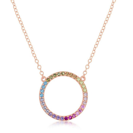 Sterling Silver Rose GP Rainbow CZ Circle of Life Necklace ,