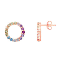 Sterling Silver Rose GP Rainbow CZ Circle Stud Earrings ,