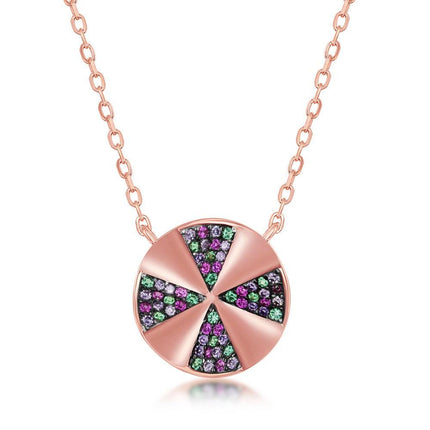 Sterling Silver Rose GP Rainbow CZ Designed Disc Necklace ,