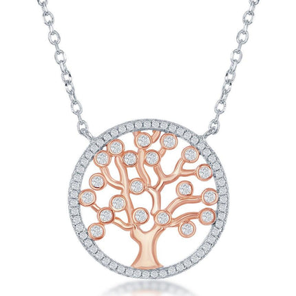 Sterling Silver Rose GP Round CZ Tree Necklace ,