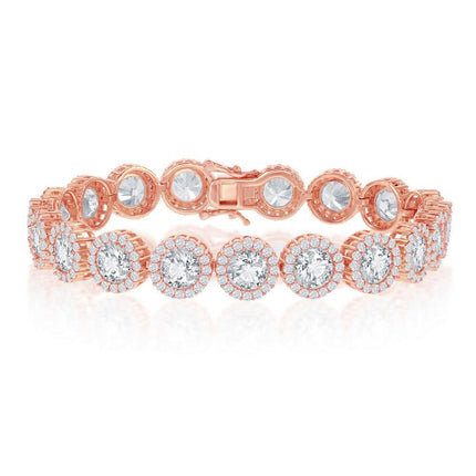 Sterling Silver Rose GP Round Halo CZ Linked Bracelet, 7.5" ,