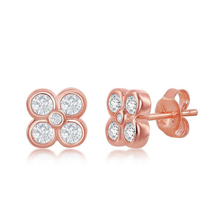 Sterling Silver Rose GP Small Flower CZ Stud Earrings ,