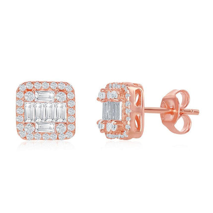 Sterling Silver Rose GP Square Baguette CZ Stud Earrings ,