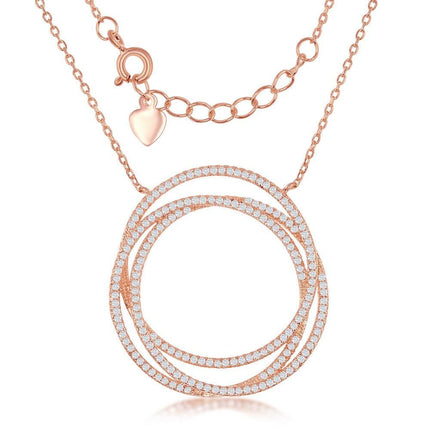 Sterling Silver Rose GP Triple Open CZ Circle Necklace ,
